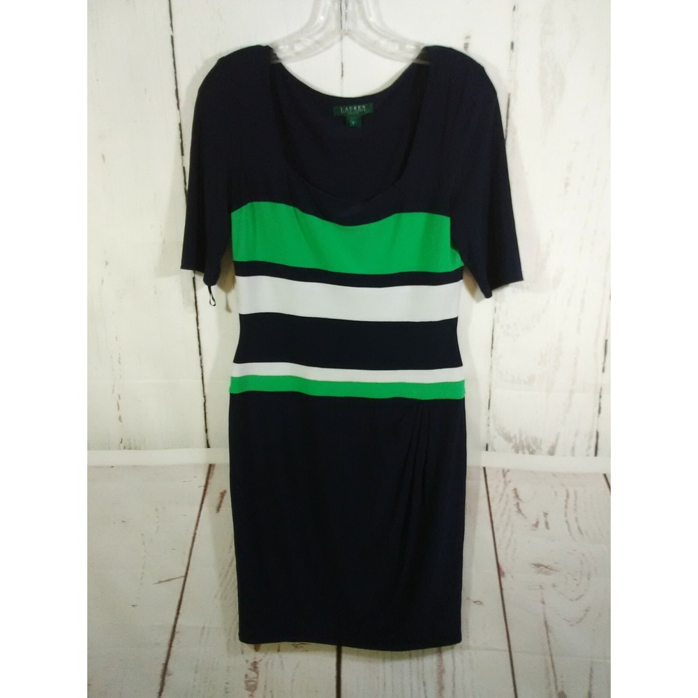 Lauren Ralph Lauren Midi Dress Womens 6 Blue Ruched Jersey Stretch Office Career
